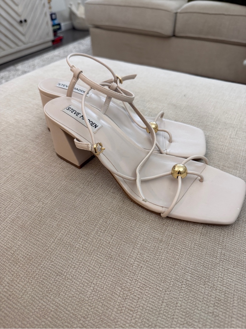 Steve Madden Cream Strappy Block Heel Sandals with Gold Accents